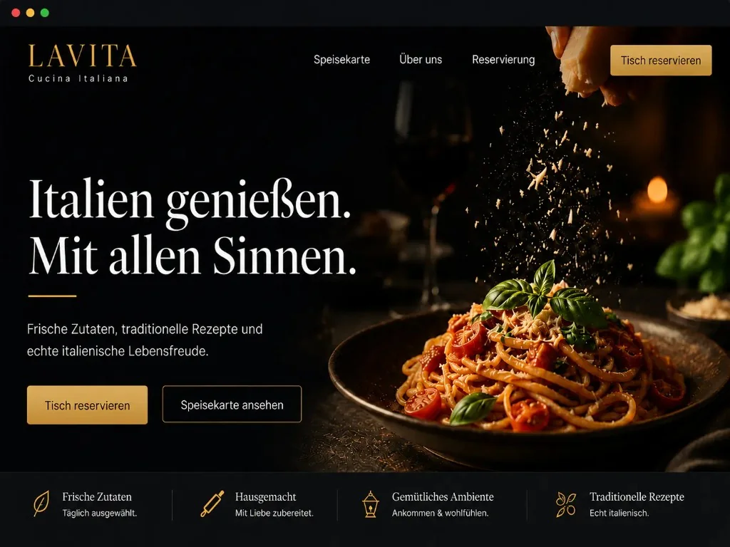 LAVITA Cucina Italiana – restaurant website example for hospitality businesses Website example for LAVITA Cucina Italiana: Italian restaurant hero section with pasta photography, table booking call-to-action and menu layout for hospitality and local dining businesses.
